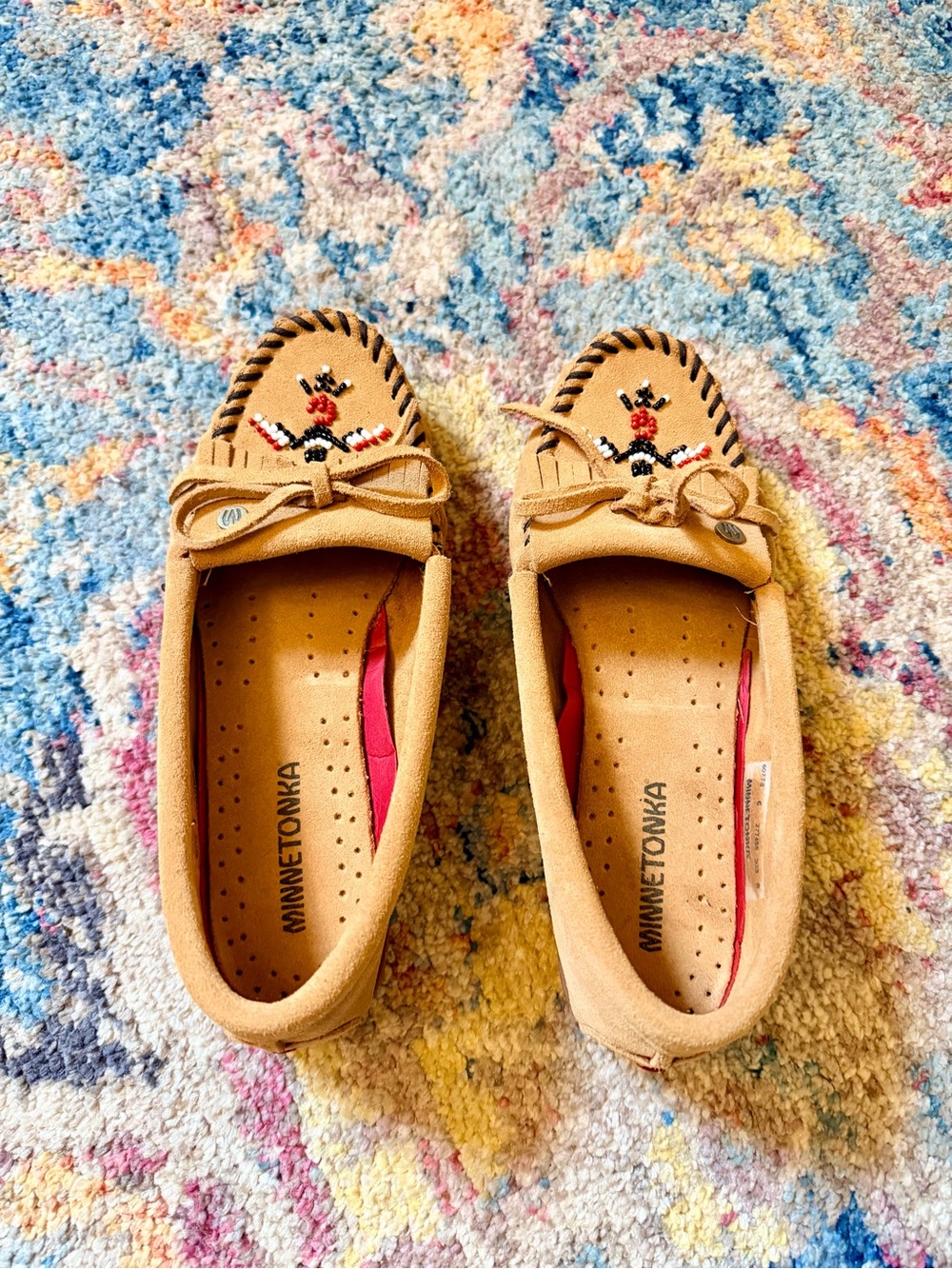 Minnetonka Thunderbird Animikii Tan Suede Slip-On Moccasin Loafer
